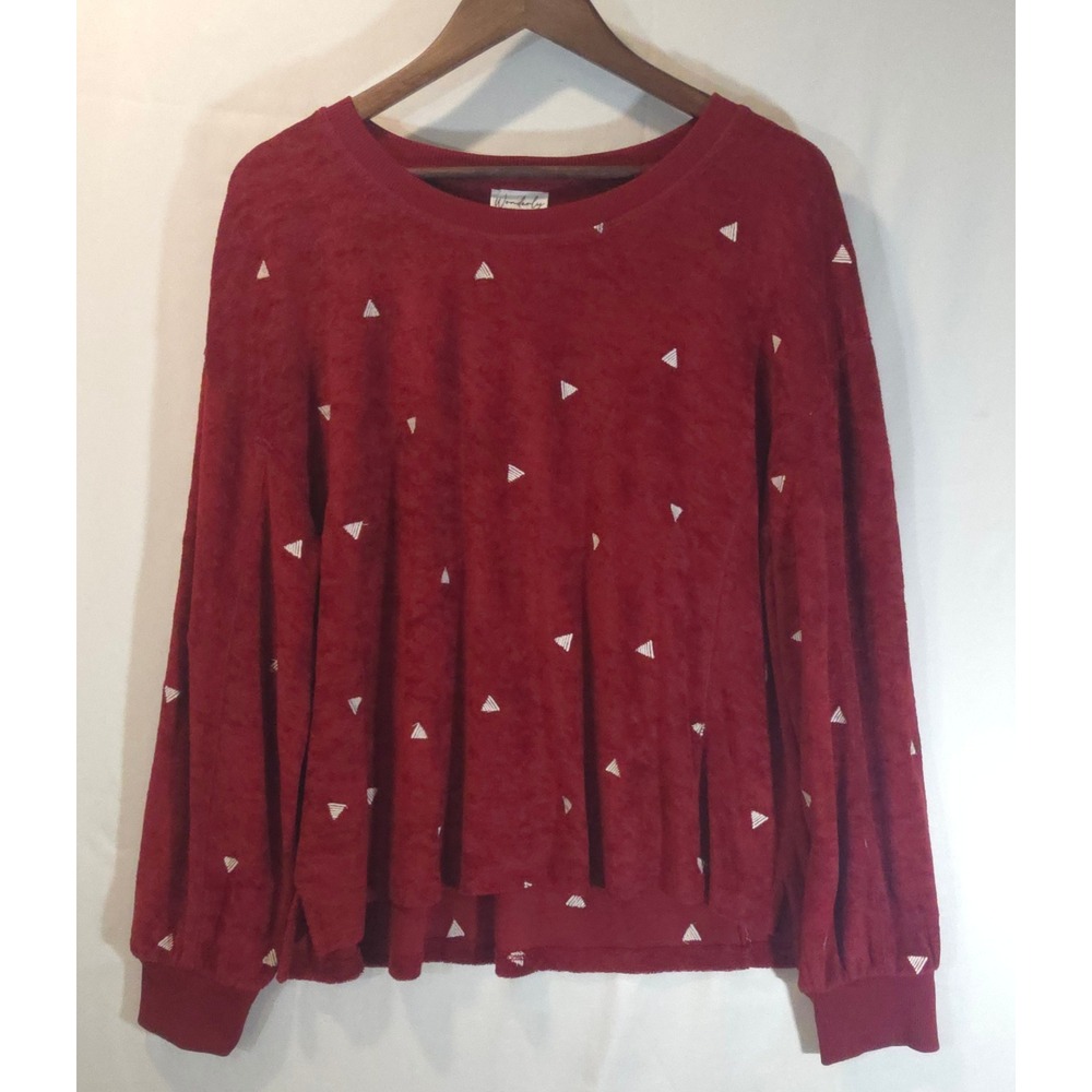 Wonderly Studio Womens Burgundy Red Embroidered Triangle Terry Top Size M NWT